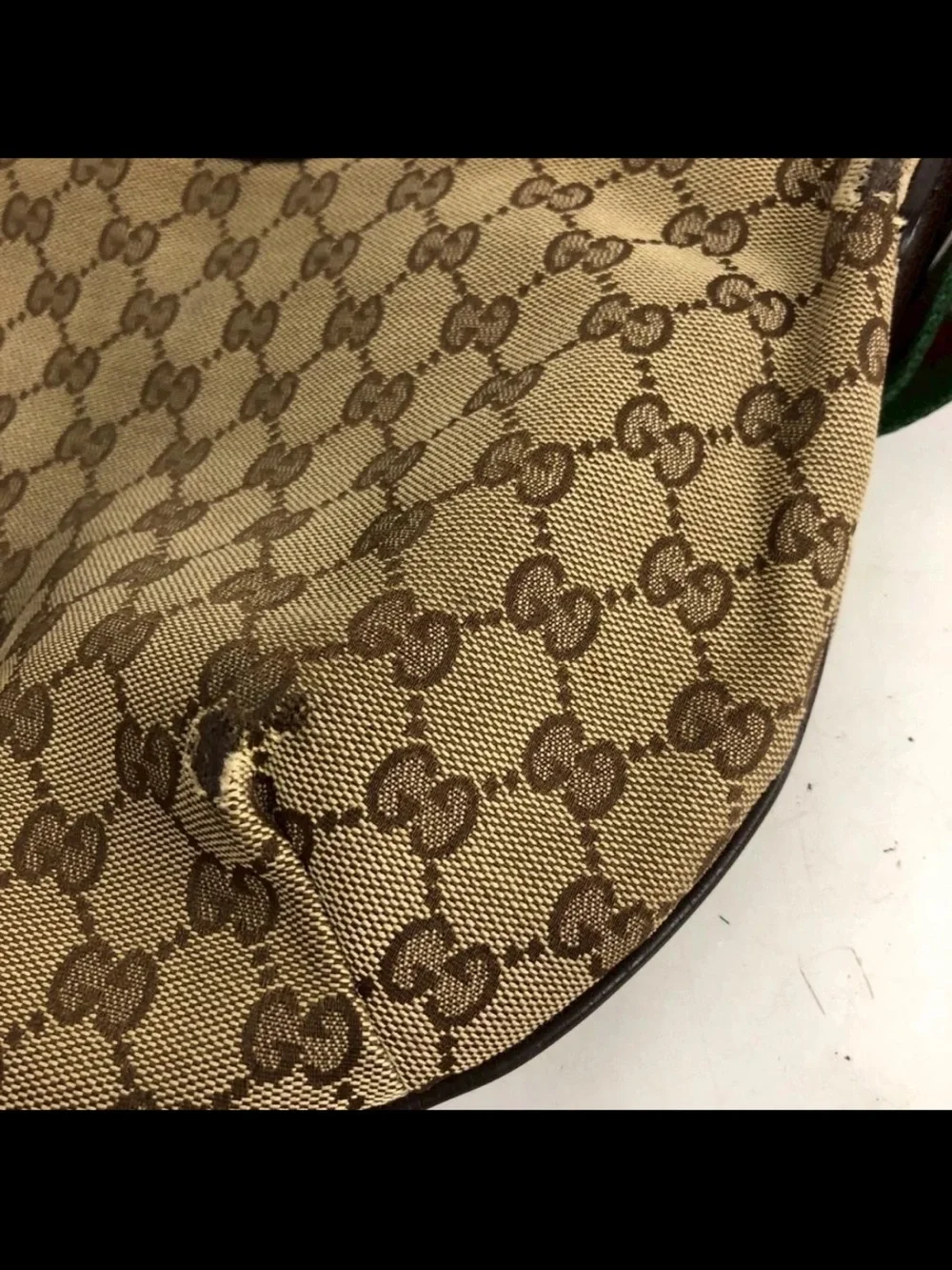 Gucci Beige Brown GG Monogram Crescent Bag with Green/Red Strap